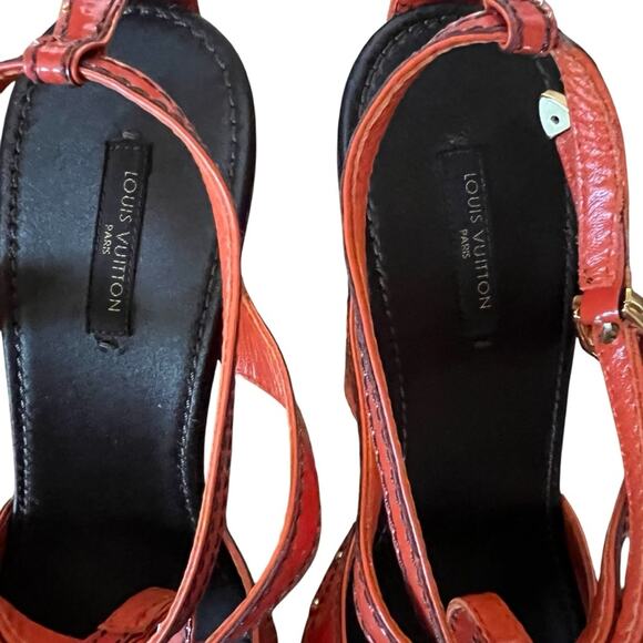Louis Vuitton Patent Leather TStrap Stiletto Heels Sandals Orange EU 39.5 US 9.5 - Picture 9 of 12